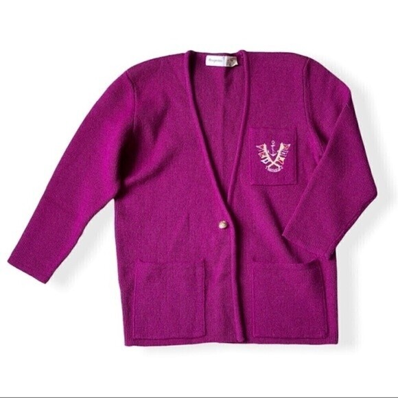 Vintage 80s Magnolia Wool Cardigan Sweater Burgundy Purple Nautical Crest Chunky - Picture 4 of 12